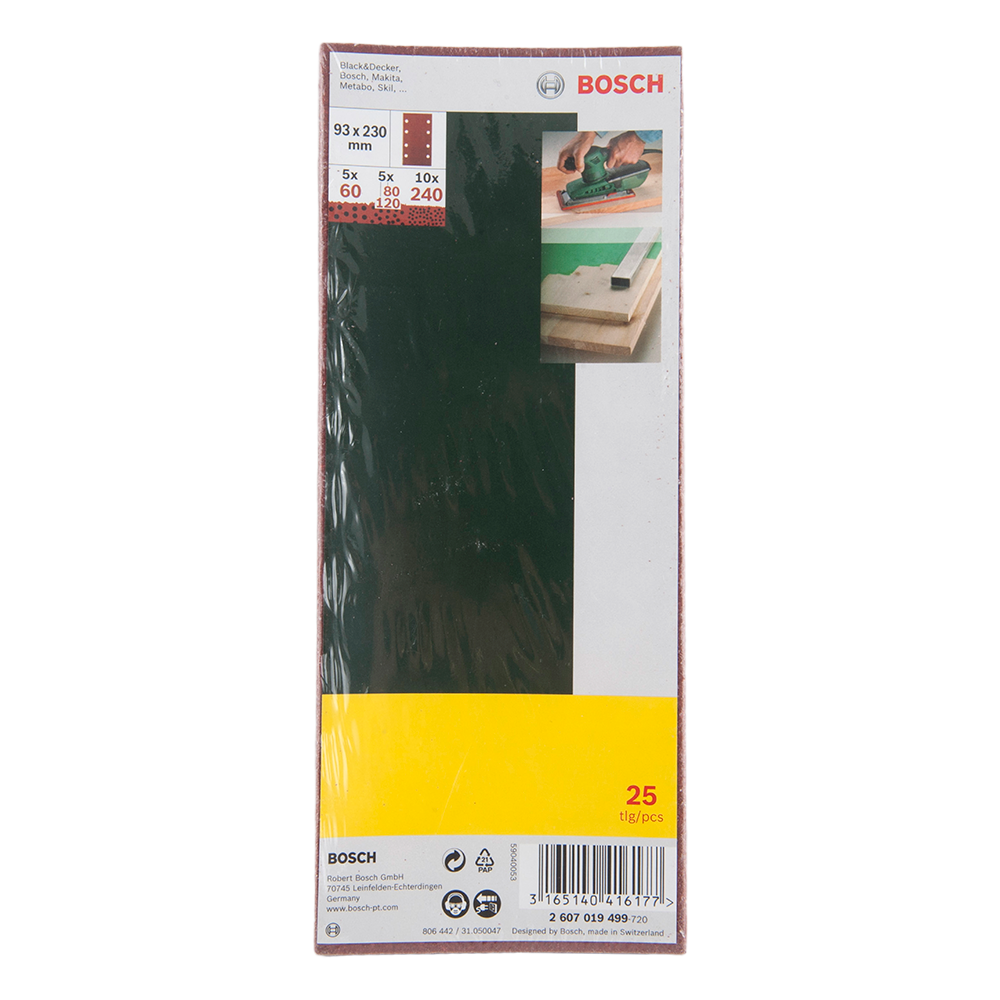 Foi abrazive Bosch, G60, 80, 120, 240, 25 bucati, pentru slefuitoare cu vibratii Foi abrazive Bosch, G60, 80, 120, 240, 25 bucati, pentru slefuitoare cu vibratii