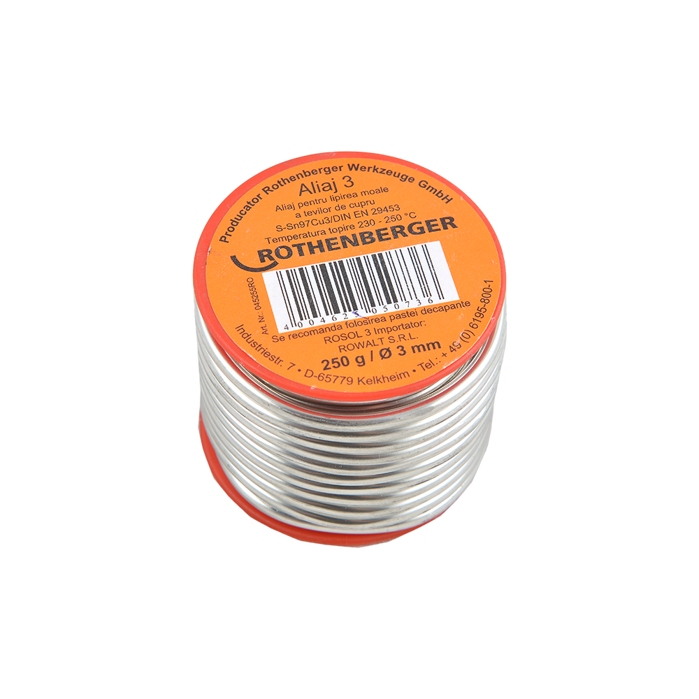 Aliaj Rothenberger, Sn97Cu3, argintiu, moale, 250gr, 3 mm Aliaj Rothenberger, Sn97Cu3, argintiu, moale, 250gr, 3 mm