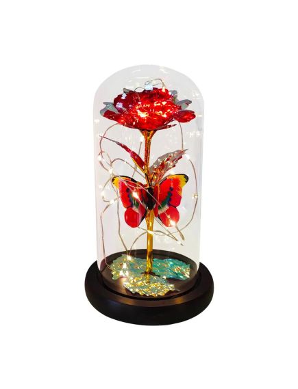 Aranjament floral Engros, Trandafir in cupola cu LED-uri, Rosu 11x22 cm Aranjament floral Engros, Trandafir in cupola cu LED-uri, Rosu 11x22 cm