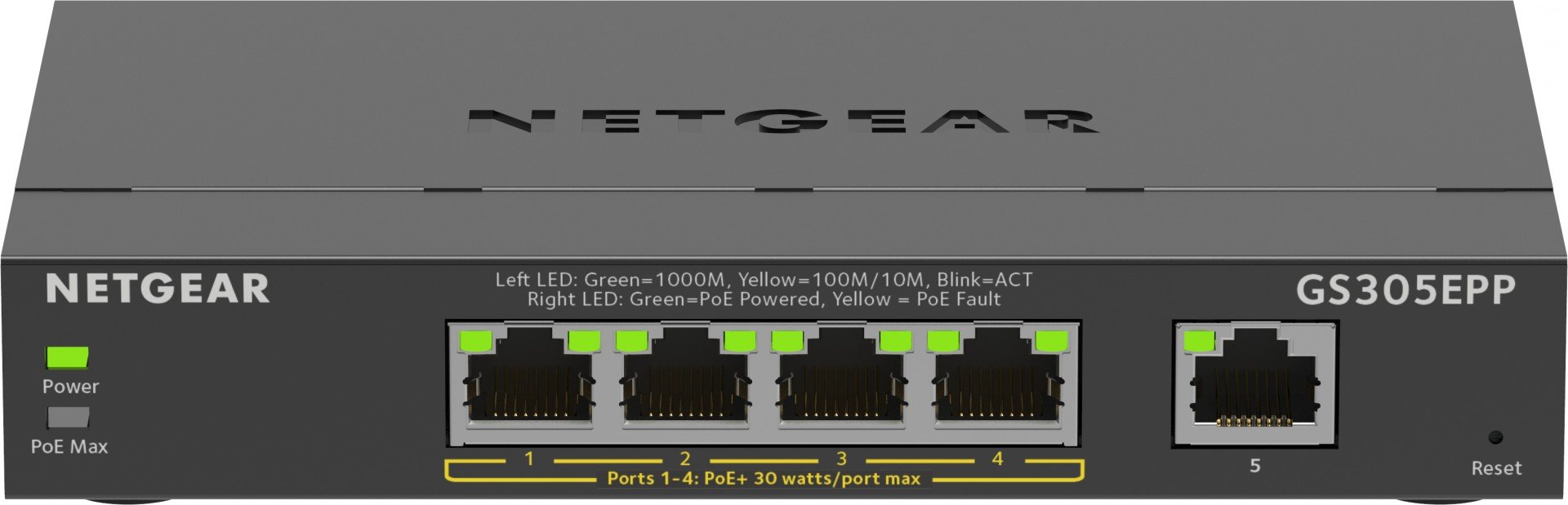 Netgear NETGEAR 5-Port Gigabit Ethernet High-Power PoE+ Plus Switch (GS305EPP) Gestionate L2/L3 Gigabit Ethernet (10/100/1000) Power over Ethernet (PoE) Suport Negru (GS305EPP-100PES)