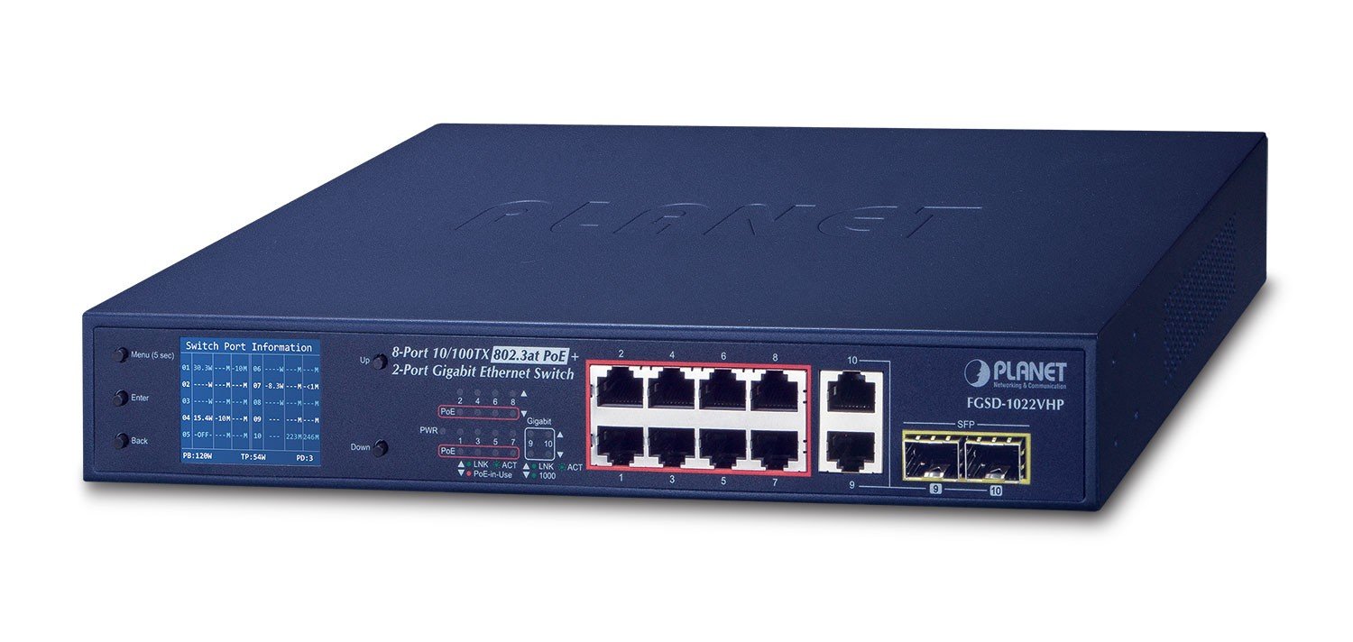 PLANET FGSD-1022VHP switch-uri Fara management L2 Fast Ethernet (10/100) Power over Ethernet (PoE) Suport 1U Albastru (FGSD-1022VHP)