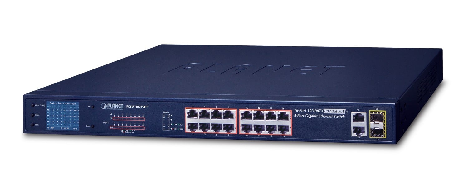 PLANET FGSW-1822VHP switch-uri Fara management Fast Ethernet (10/100) Power over Ethernet (PoE) Suport 1U Albastru (FGSW-1822VHP)