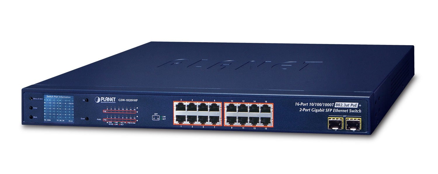 PLANET GSW-1820VHP switch-uri Fara management Gigabit Ethernet (10/100/1000) Power over Ethernet (PoE) Suport 1U Albastru (GSW-1820VHP)