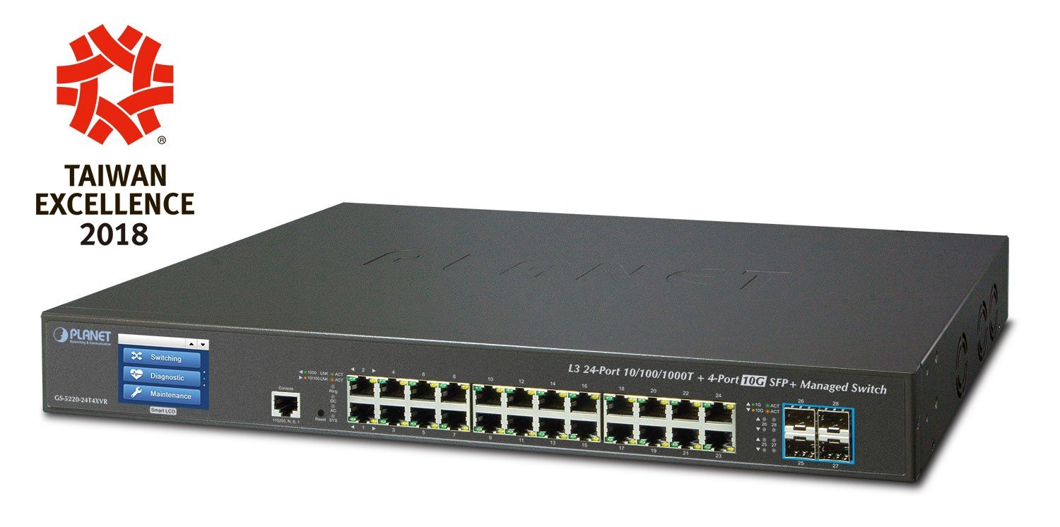 PLANET L2+/L4 24-Port 10/100/1000T Gestionate L3 Gigabit Ethernet (10/100/1000) 1.25U Negru (GS-5220-24T4XVR) PLANET L2+/L4 24-Port 10/100/1000T Gestionate L3 Gigabit Ethernet (10/100/1000) 1.25U Negru (GS-5220-24T4XVR)