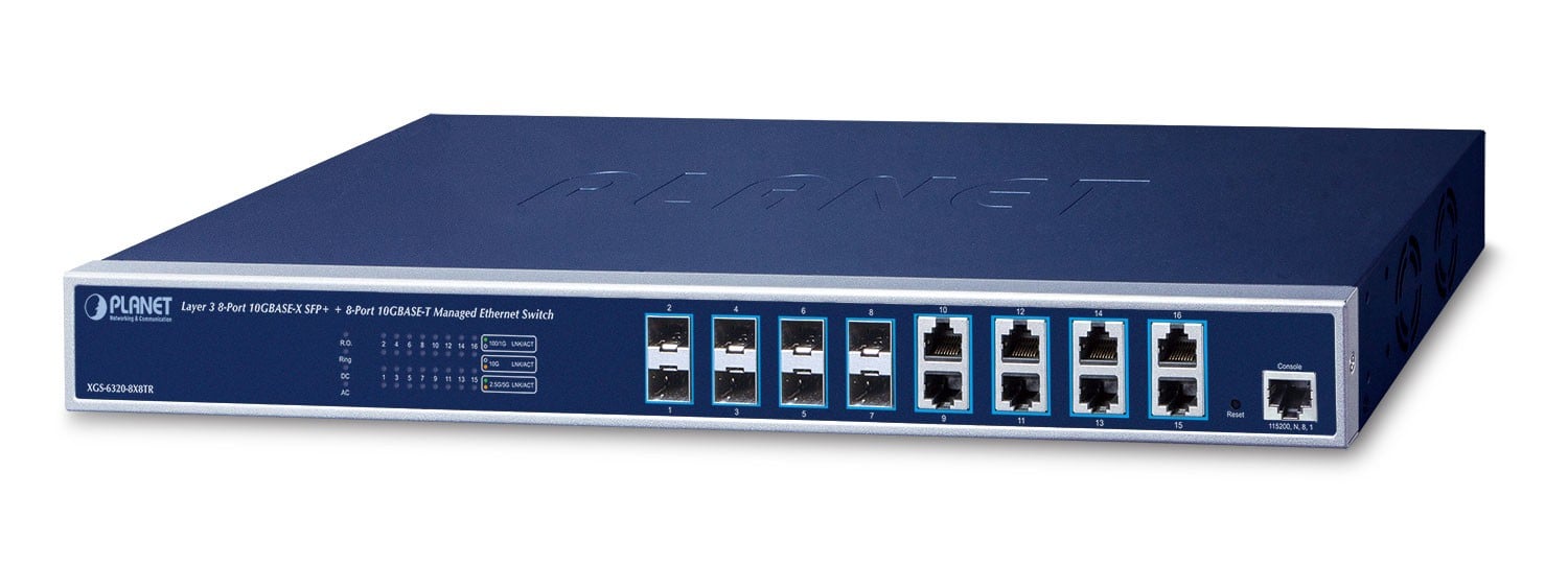 PLANET Lag 3 8-port 10GBASE-X SFP+ + Gestionate L3 10G Ethernet (100/1000/10000) 1U Albastru (XGS-6320-8X8TR)