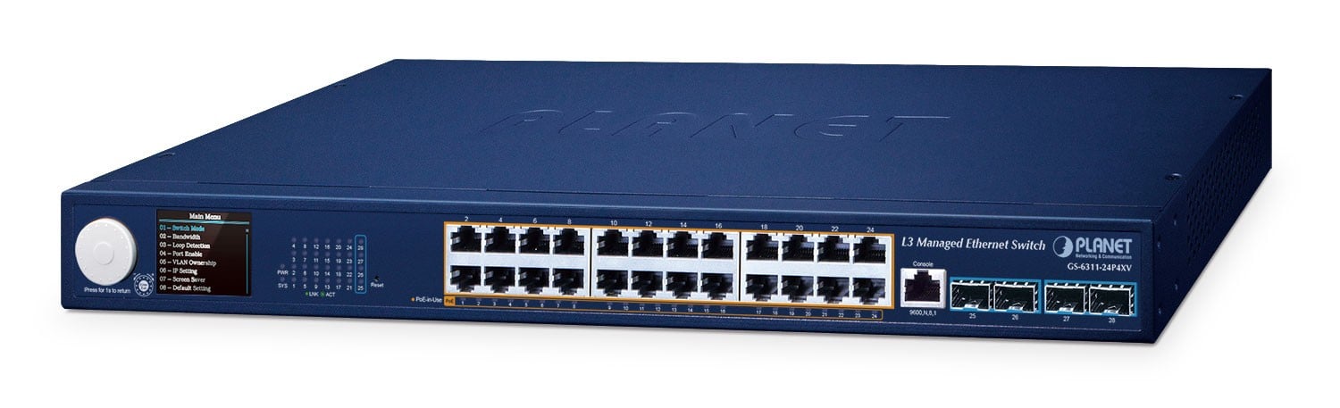 PLANET Planet GS-6311-24P4XV Layer 3 24-Port 10/100/1000T 802.3at PoE + 4-Port 10G SFP+ Managed Ethernet Switch with Smart LCD Screen(370 Watts PoE budget, hardware-based Layer 3 RIPv1/v2, OSPFv2 dynamic rou (GS-6311-24P4XV)