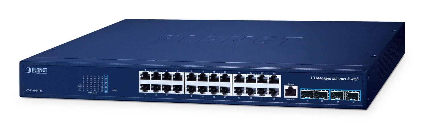 PLANET Planet GS-6311-24T4X Layer 3 24-Port 10/100/1000T + 4-Port 10G SFP+ Managed Ethernet Switch (hardware-based Layer 3 RIPv1/v2, OSPFv2 dynamic routing, supports ERPS Ring, fanless design) (GS-6311-24T4X)