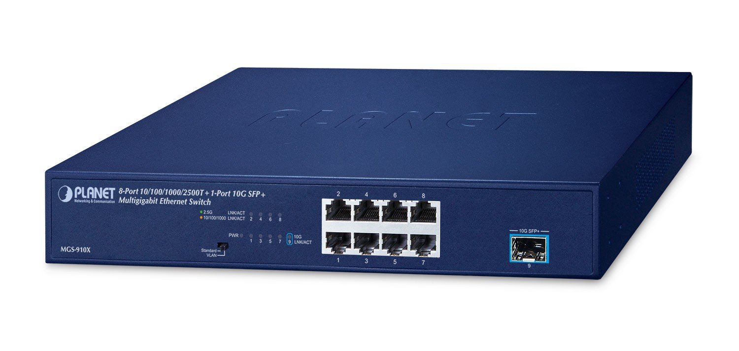 PLANET Planet MGS-910X 8-Port 10/100/1000/2500T + 1-Port 10G SFP+ Multigigabit Ethernet Switch (Fanless design, Standard/VLAN mode, desktop size with rackmount kit) (MGS-910X)