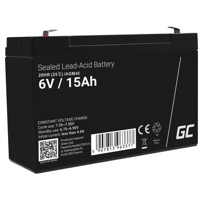 Green Cell AGM VRLA 6V 15Ah maintenance-free battery for the alarm system, cash register, toys (AGM40) Green Cell AGM VRLA 6V 15Ah maintenance-free battery for the alarm system, cash register, toys (AGM40)