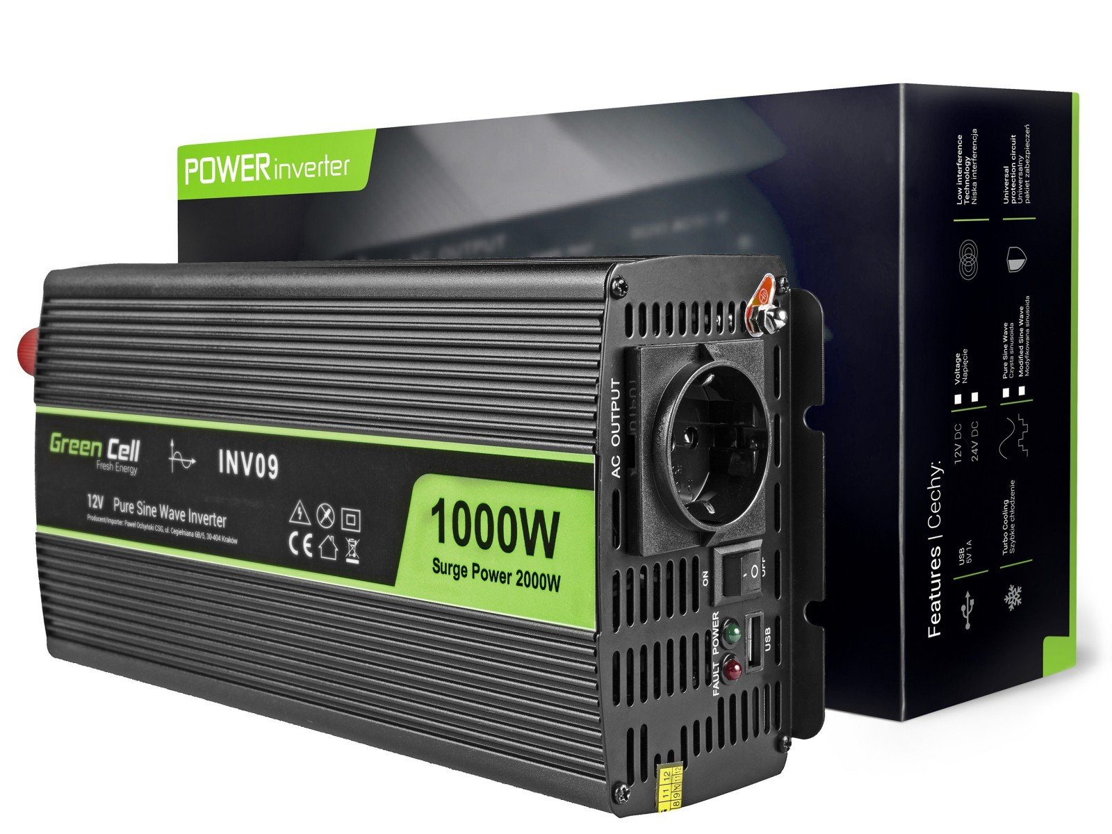 Green Cell INV09 adaptoare și invertoare de curent Auto 1000 W Negru (INV09) Green Cell INV09 adaptoare și invertoare de curent Auto 1000 W Negru (INV09)