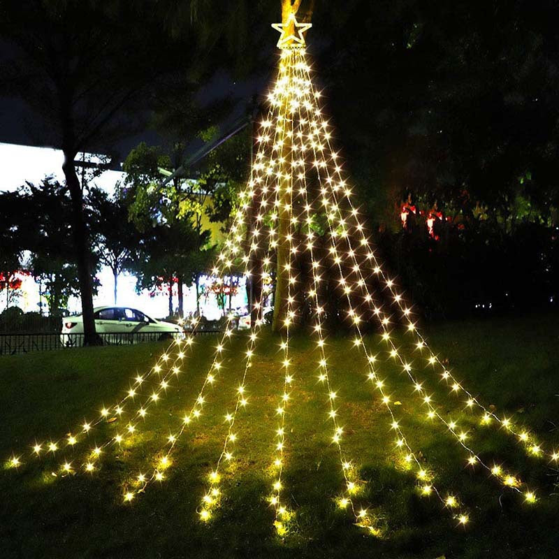 Instalatie solara perdea cu varf stea, 350 led, 9 franjuri, telecomanda Instalatie solara perdea cu varf stea, 350 led, 9 franjuri, telecomanda