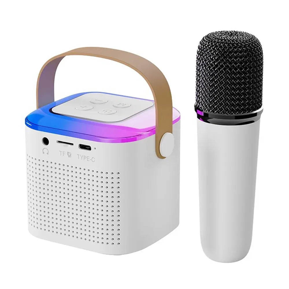 Boxa karaoke cu microfon wireless, difuzor portabil cu lumina RGB LED, alb Boxa karaoke cu microfon wireless, difuzor portabil cu lumina RGB LED, alb