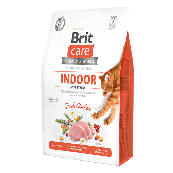 Brit Care Indoor Anti-Stress, Pui, hrană uscată fară cereale pisici, antistres, 2kg Brit Care Indoor Anti-Stress, Pui, hrană uscată fară cereale pisici, antistres, 2kg