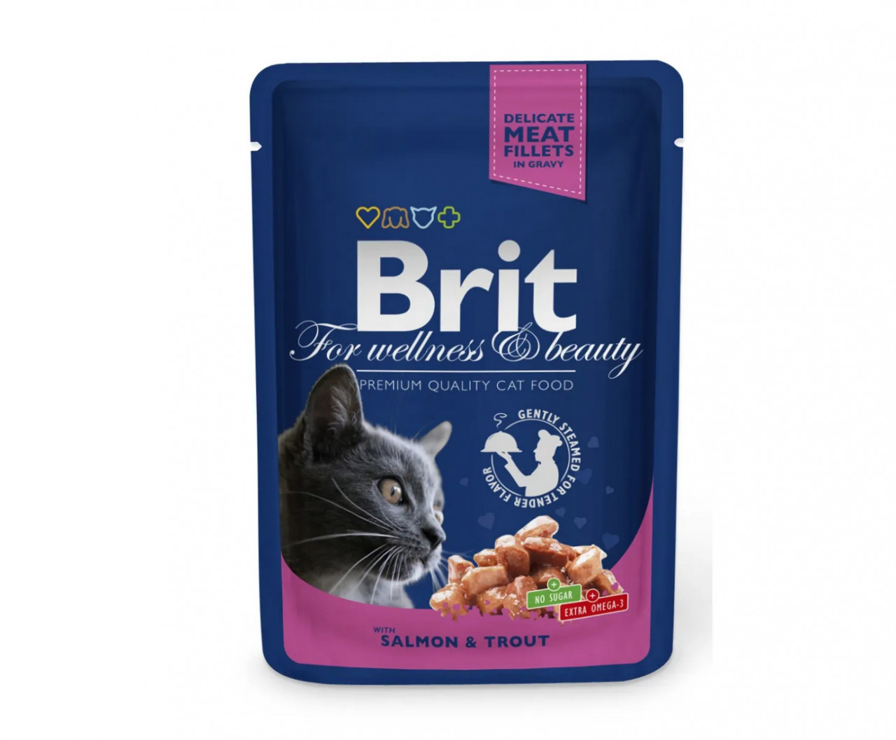 Brit Premium, Somon și Păstrăv, plic hrană umedă pisici, (în sos), 100g Brit Premium, Somon și Păstrăv, plic hrană umedă pisici, (în sos), 100g
