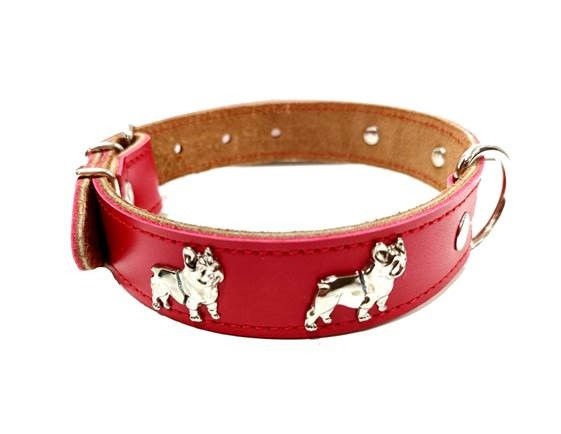 Zgarda Piele Naturala, cu Accesorii Bulldog, 25 mm x 50 cm, Rosu