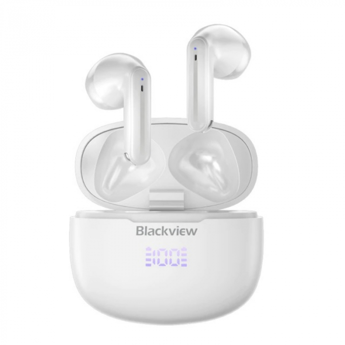 Casti wireless semi-in-ear Blackview AirBuds 7 TWS Alb cu cutie de incarcare, Display LED, Control tactil, Incarcare wireless, ENC, DNS Casti wireless semi-in-ear Blackview AirBuds 7 TWS Alb cu cutie de incarcare, Display LED, Control tactil, Incarcare wireless, ENC, DNS