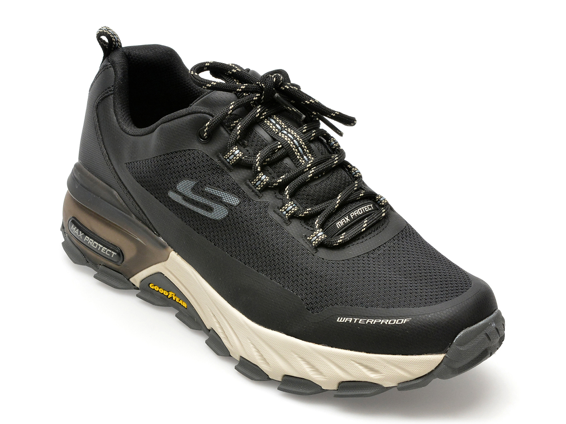 Pantofi sport SKECHERS negri, MAX PROTECT, din material textil si piele ecologica Pantofi sport SKECHERS negri, MAX PROTECT, din material textil si piele ecologica