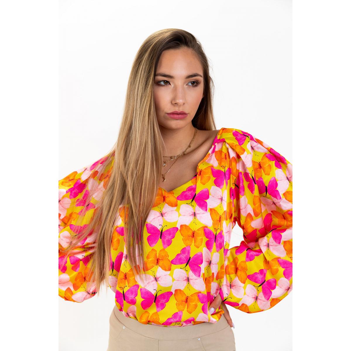 Bluză Elegantă Cu Mâneci Largi, Decolteu Adânc Și Imprimeu Fluture Andreya, Galben Bluză Elegantă Cu Mâneci Largi, Decolteu Adânc Și Imprimeu Fluture Andreya, Galben