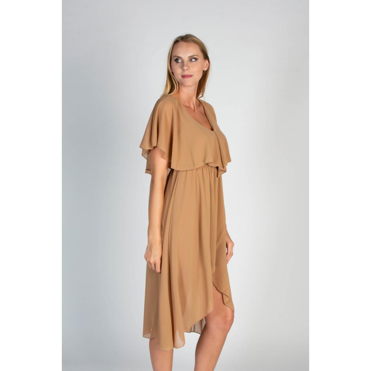 Rochie Midi Elegantă Cu Volan Și Fustă Este Încrucișată Și Asimetrică Barbados, Bej Rochie Midi Elegantă Cu Volan Și Fustă Este Încrucișată Și Asimetrică Barbados, Bej