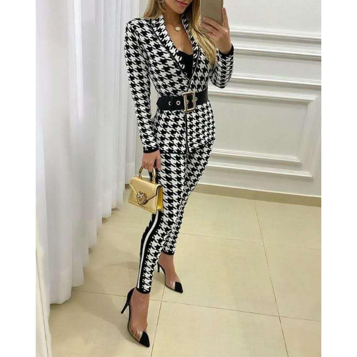 Set Blazer Cu Pantaloni Eleganti Cu Imprimeu De Pepita Miriama, Negru Cu Alb Set Blazer Cu Pantaloni Eleganti Cu Imprimeu De Pepita Miriama, Negru Cu Alb