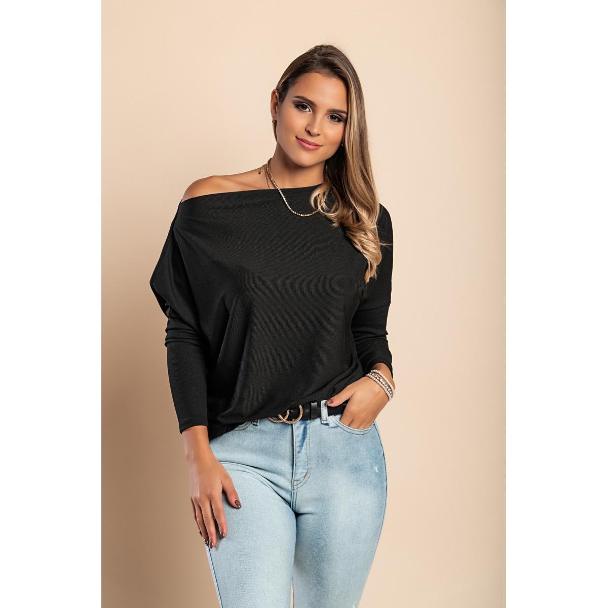 Tricou Oversize Cu Decolteu Bateau Și Mâneci Largi Danica, Negru Tricou Oversize Cu Decolteu Bateau Și Mâneci Largi Danica, Negru