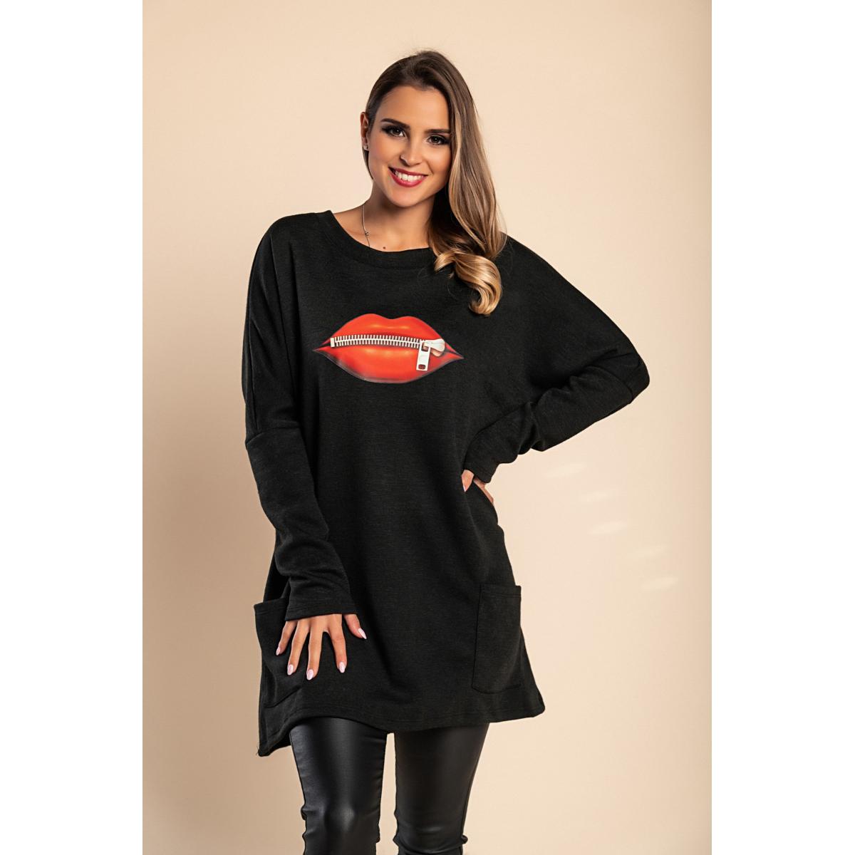 Tunică Cu Mâneci Lungi Cu Imprimeu Și Buzunare Siona, Negru Tunică Cu Mâneci Lungi Cu Imprimeu Și Buzunare Siona, Negru