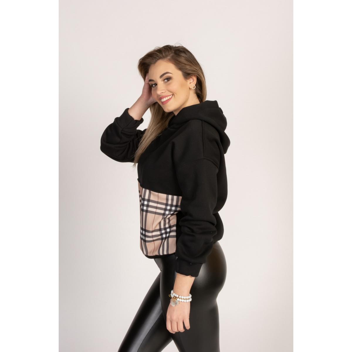 Bluza Cu Glugă Și Imprimeu În Carouri La Modă Mimma, Negru Bluza Cu Glugă Și Imprimeu În Carouri La Modă Mimma, Negru