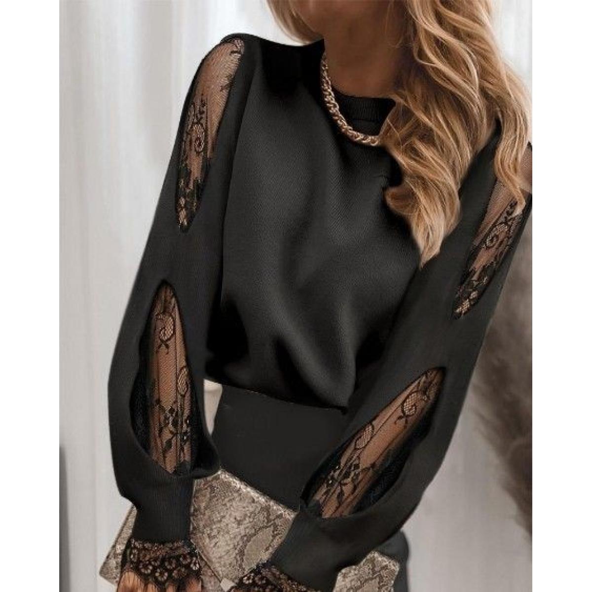 Bluza Eleganta Cu Maneca Lunga Cu Insertii Din Dantela Si Guler Rotund Senternada, Neagra Bluza Eleganta Cu Maneca Lunga Cu Insertii Din Dantela Si Guler Rotund Senternada, Neagra
