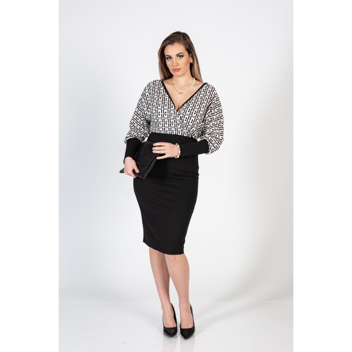Rochie Midi Elegantă Cu Imprimeu Geometric Și Decolteu Cu Clapă Sonda, Neagră Rochie Midi Elegantă Cu Imprimeu Geometric Și Decolteu Cu Clapă Sonda, Neagră