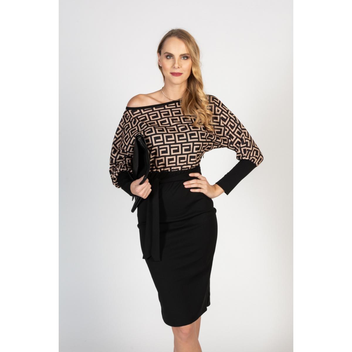 Rochie Midi Elegantă Cu Imprimeu Geometric Serenna, Neagră Rochie Midi Elegantă Cu Imprimeu Geometric Serenna, Neagră