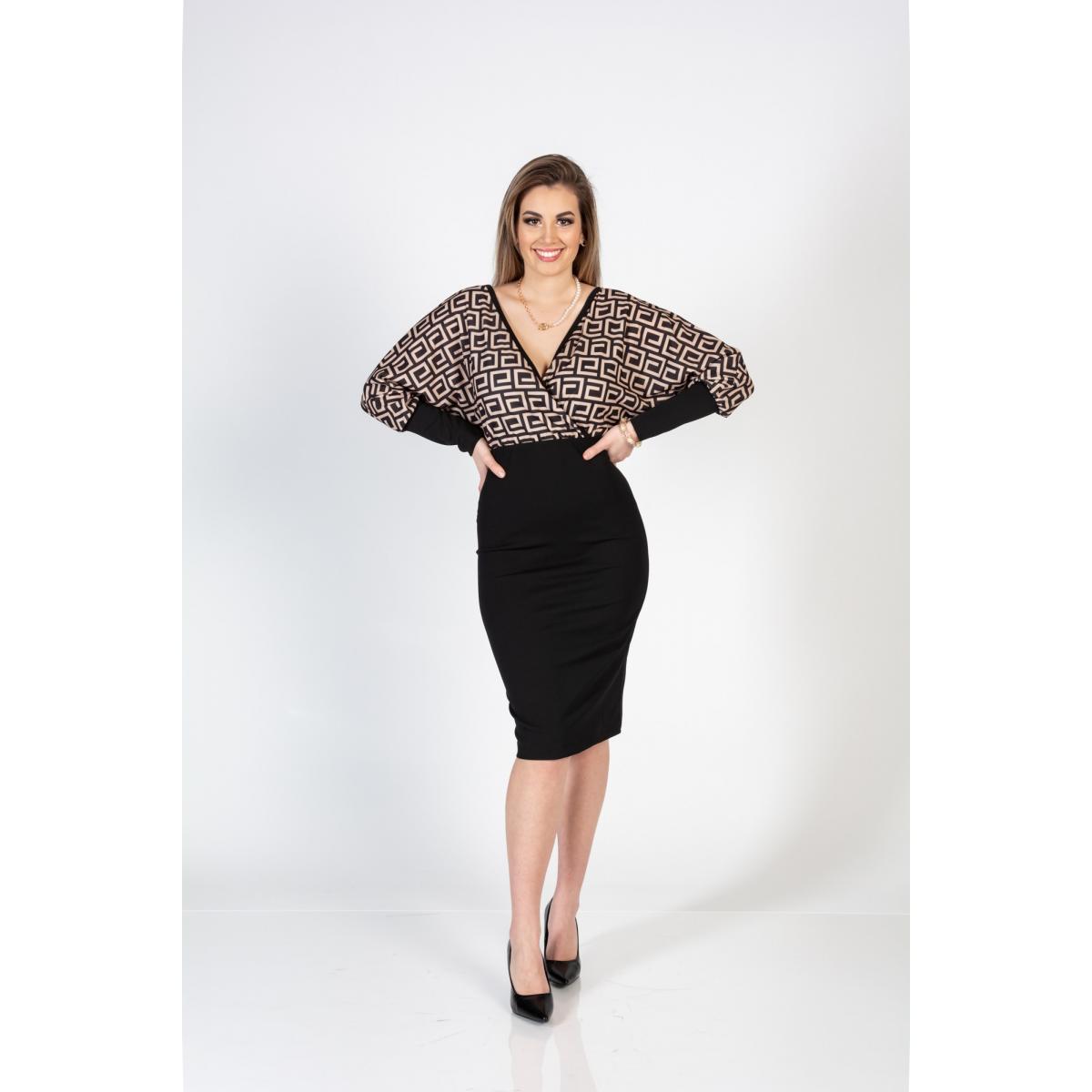 Rochie Midi Eleganta Cu Imprimeu Geometric Si Decupaj Sonda, Bej Rochie Midi Eleganta Cu Imprimeu Geometric Si Decupaj Sonda, Bej