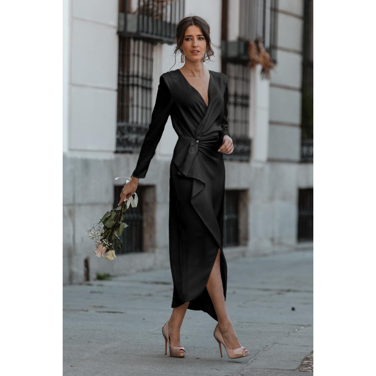 Rochie Midi Elegantă Cu Volane Pliabile Și Mâneci 3/4 Brynlee, Neagră Rochie Midi Elegantă Cu Volane Pliabile Și Mâneci 3/4 Brynlee, Neagră