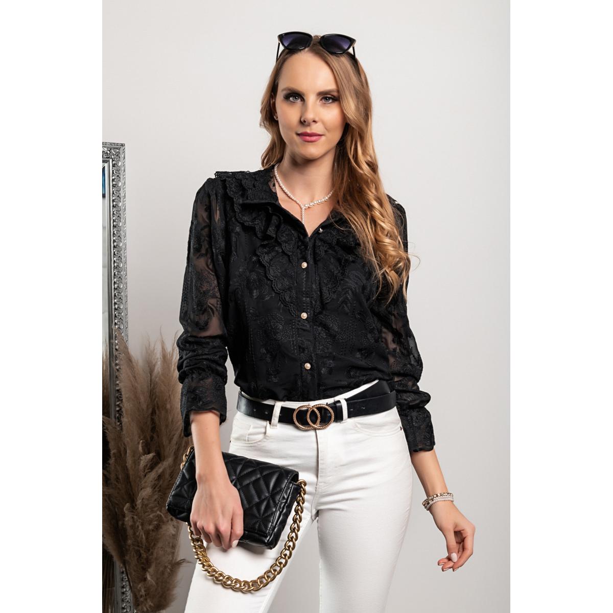 Cămașă Elegantă Cu Broderie Și Volane Laroya, Neagră Cămașă Elegantă Cu Broderie Și Volane Laroya, Neagră