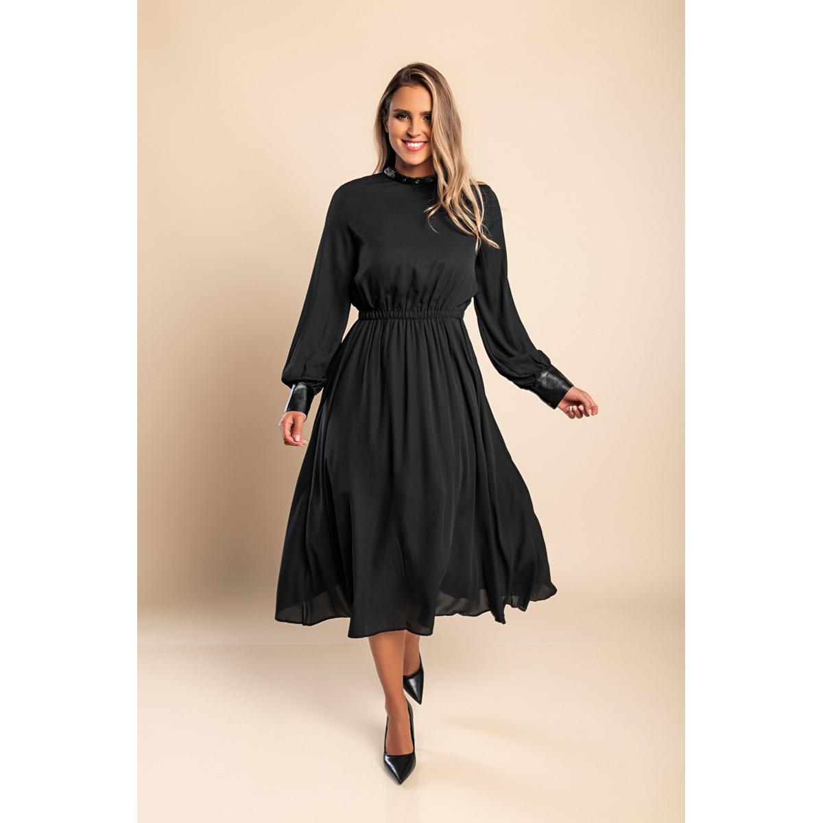 Rochie Midi Eleganta Cu Detaliu Din Imitatie Piele Plana, Neagra Rochie Midi Eleganta Cu Detaliu Din Imitatie Piele Plana, Neagra
