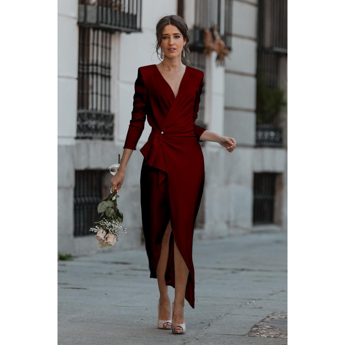Rochie Midi Elegantă Cu Volane Pliabile Și Mâneci 3/4 Brynlee, Visiniu Rochie Midi Elegantă Cu Volane Pliabile Și Mâneci 3/4 Brynlee, Visiniu