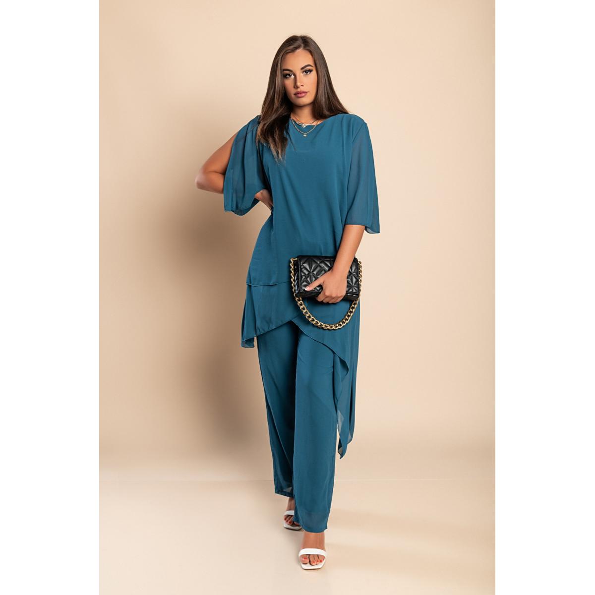 Set Tunică Elegantă Și Pantaloni Lungi Claudette, Albastru Petrol Set Tunică Elegantă Și Pantaloni Lungi Claudette, Albastru Petrol