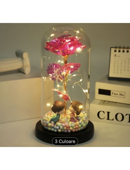 Trandafiri din sticla artificiala in cupola 22.5 cm cu lumina led engros Trandafiri din sticla artificiala in cupola 22.5 cm cu lumina led engros