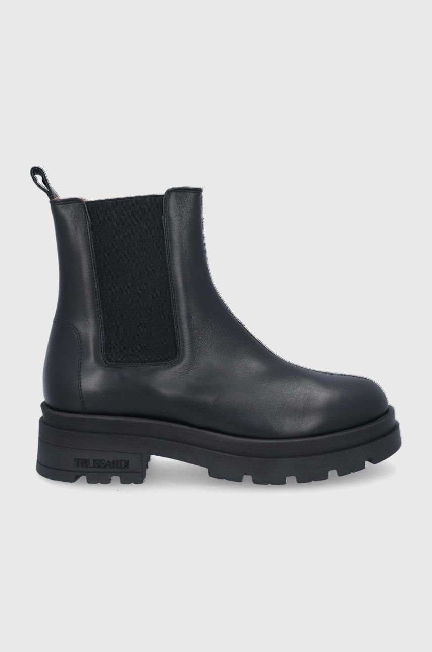 Trussardi Ghete Chelsea de piele femei, culoarea negru, cu toc plat Trussardi Ghete Chelsea de piele femei, culoarea negru, cu toc plat