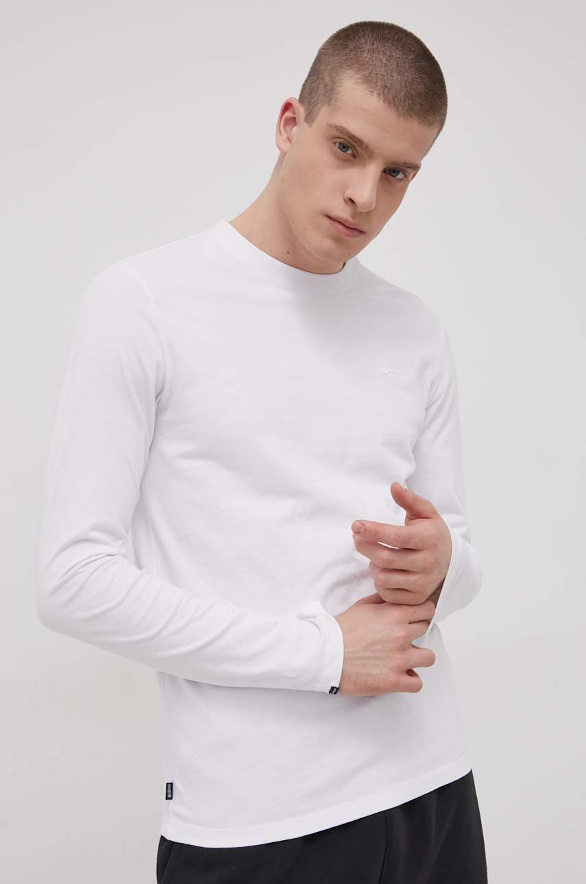 Superdry Longsleeve din bumbac culoarea alb, material neted Superdry Longsleeve din bumbac culoarea alb, material neted