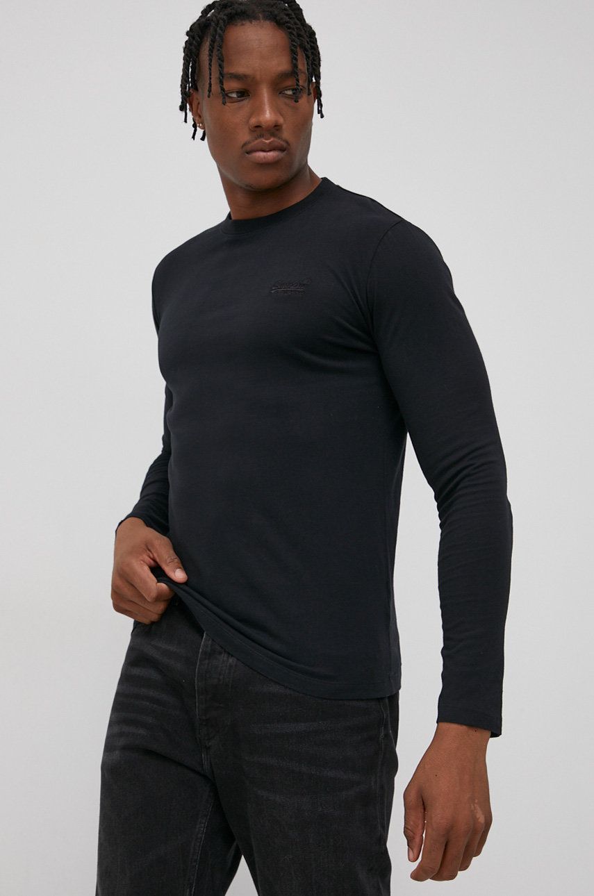 Superdry Longsleeve din bumbac culoarea negru, material neted Superdry Longsleeve din bumbac culoarea negru, material neted