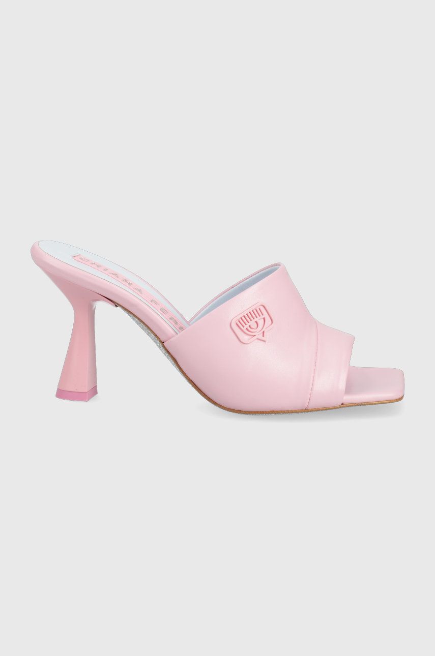 Chiara Ferragni slapi de piele femei, culoarea roz, cu toc cui Chiara Ferragni slapi de piele femei, culoarea roz, cu toc cui