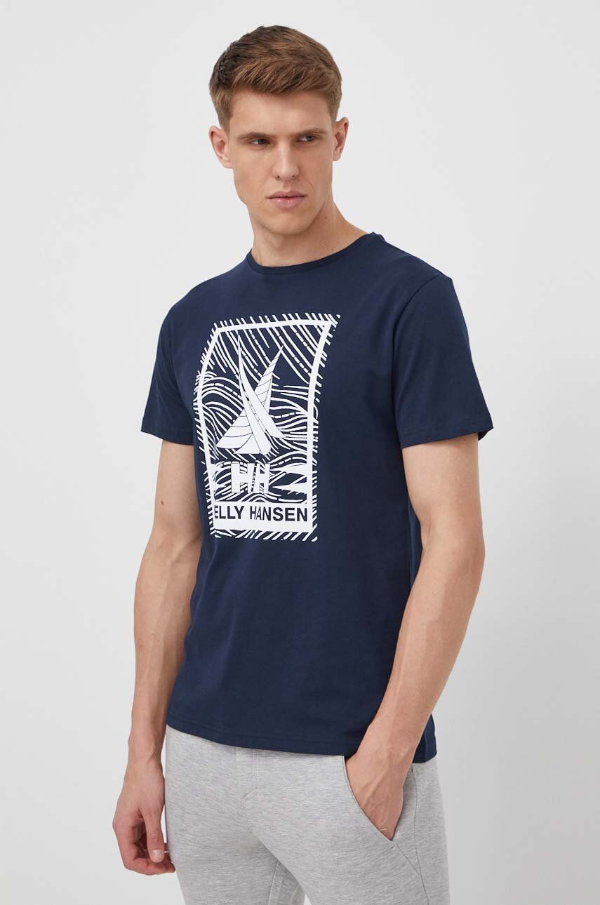 Helly Hansen tricou din bumbac barbati, culoarea albastru marin, cu imprimeu Helly Hansen tricou din bumbac barbati, culoarea albastru marin, cu imprimeu