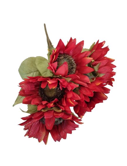 Floarea soarelui rosie cu sclipici aspect natural buchet artificial 5 capete Floarea soarelui rosie cu sclipici aspect natural buchet artificial 5 capete