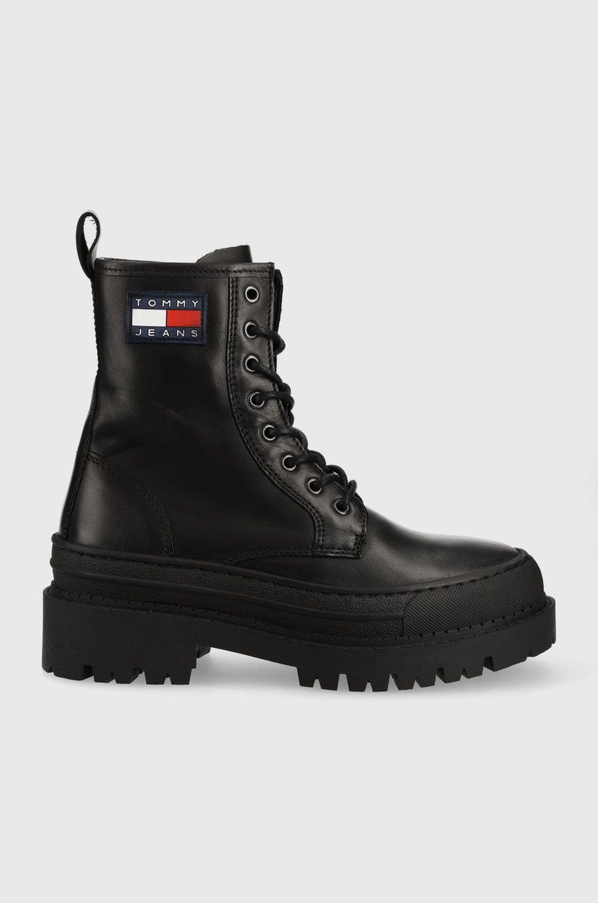 Tommy Jeans bocanci de piele Lace Up Boot femei, culoarea negru, cu platforma Tommy Jeans bocanci de piele Lace Up Boot femei, culoarea negru, cu platforma