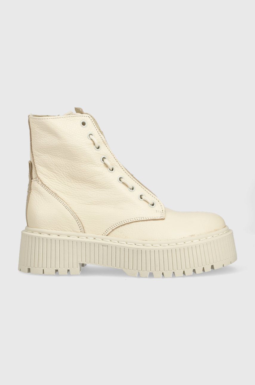 Steve Madden bocanci de piele Odyl femei, culoarea bej, cu toc plat Steve Madden bocanci de piele Odyl femei, culoarea bej, cu toc plat