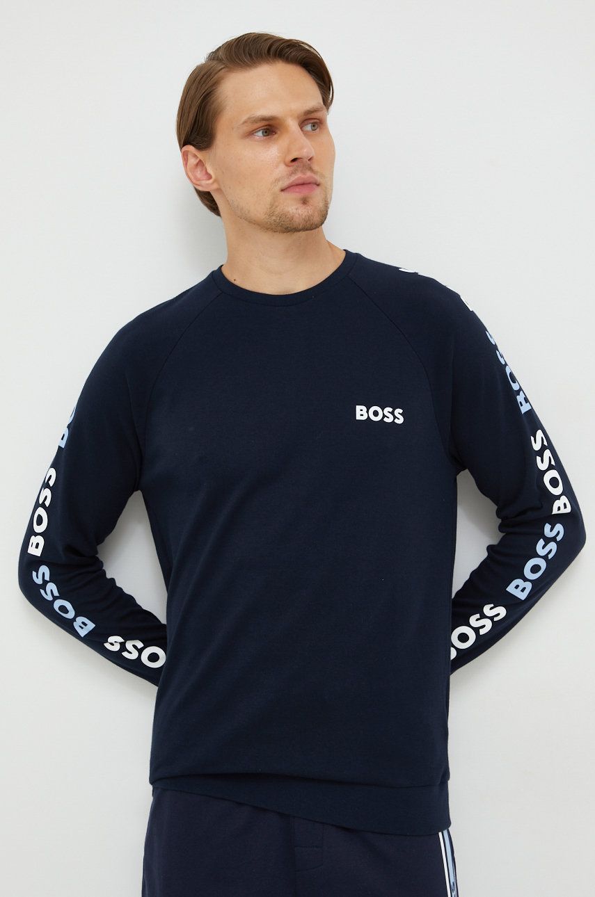 BOSS hanorac de bumbac barbati, culoarea albastru marin, cu imprimeu BOSS hanorac de bumbac barbati, culoarea albastru marin, cu imprimeu