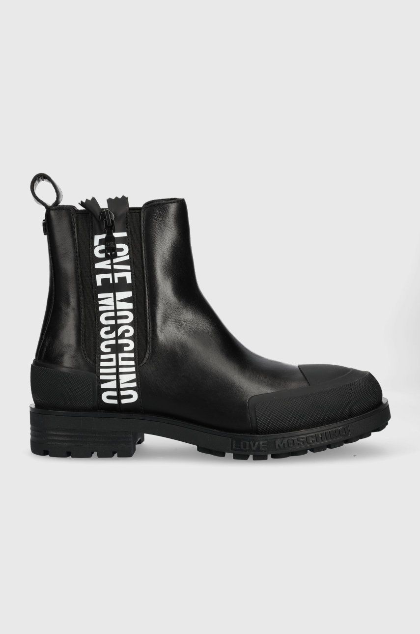 Love Moschino ghete chelsea de piele femei, culoarea negru, cu toc plat Love Moschino ghete chelsea de piele femei, culoarea negru, cu toc plat