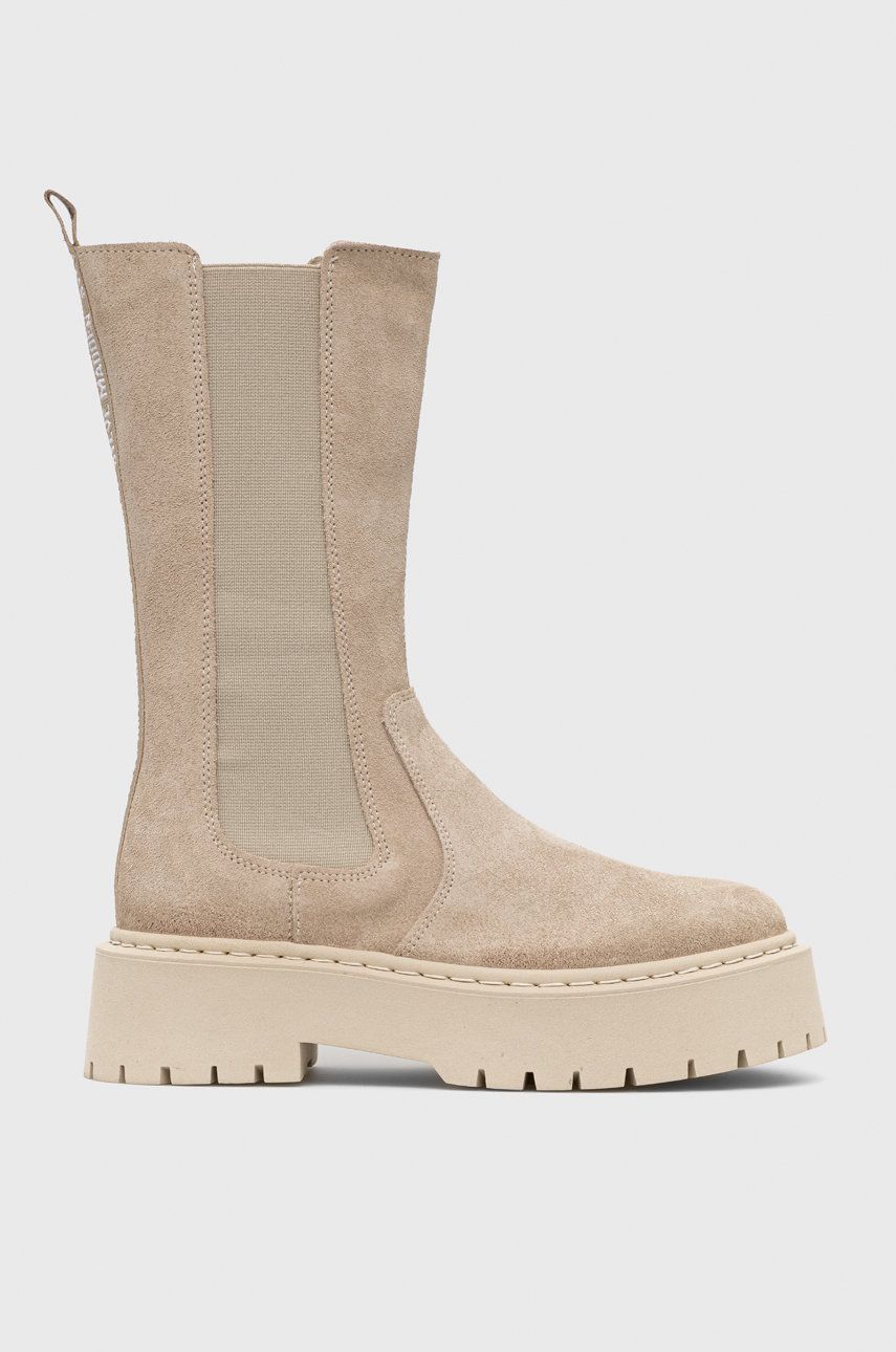 Steve Madden botine din piele intoarsa Vivianne femei, culoarea bej, cu toc plat Steve Madden botine din piele intoarsa Vivianne femei, culoarea bej, cu toc plat