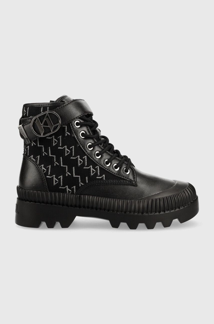Karl Lagerfeld botine Trekka Ii femei, culoarea negru, cu toc plat Karl Lagerfeld botine Trekka Ii femei, culoarea negru, cu toc plat