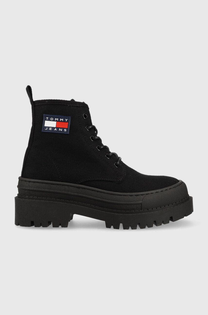 Tommy Jeans bocanci Foxing Boot femei, culoarea negru, cu platforma Tommy Jeans bocanci Foxing Boot femei, culoarea negru, cu platforma